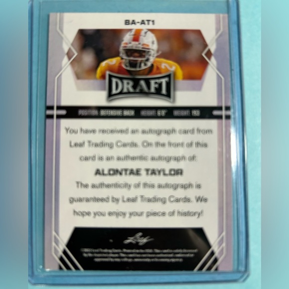 2022 Leaf Draft Alontae Taylor - Tennessee ,Autographs RC card #BA-AT1 - Picture 2 of 2